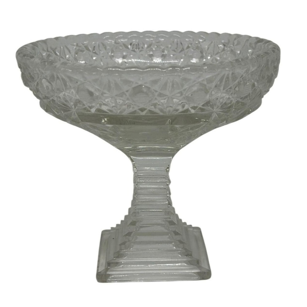Vintage Cut Glass Pedestal Compote Candy Dish |‎ Diamond Fan Pattern 5.5" Decor